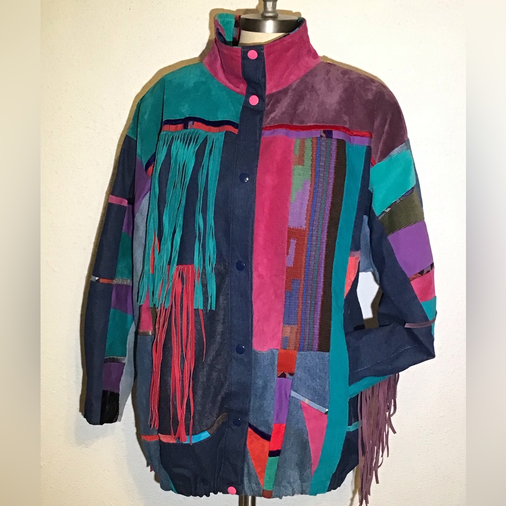 Santa Fe-Re Creation Vintage Unisex Suede Denim Patchwork Fringe Jacket Size Xl